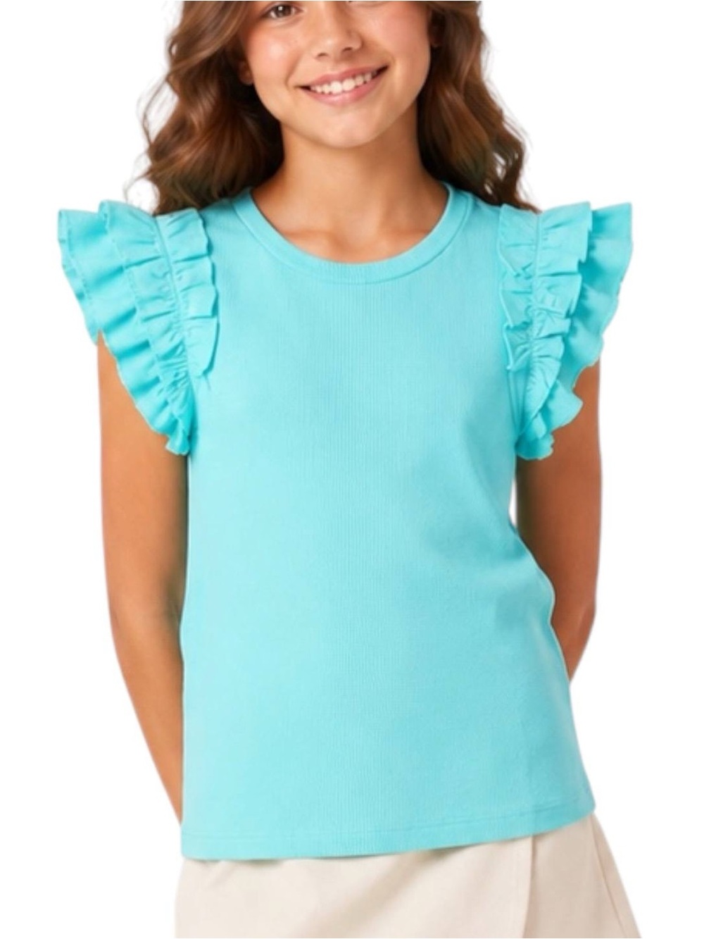 A loves A Girls Ribbed Ruffle Sleeve Top Cloud Blue Size L NWT